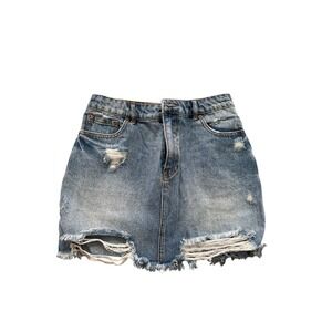 Distressed Denim Skirt‎ Mini Blue Jean Frayed Hem Rips Women's